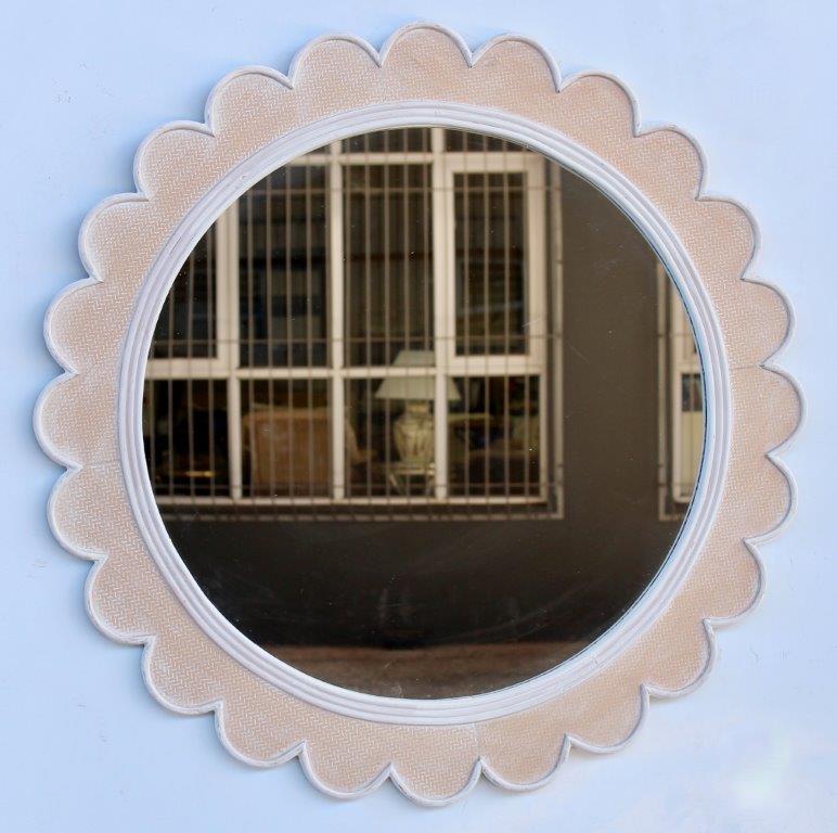 Round Wooden White Washed Scalloped Mirror